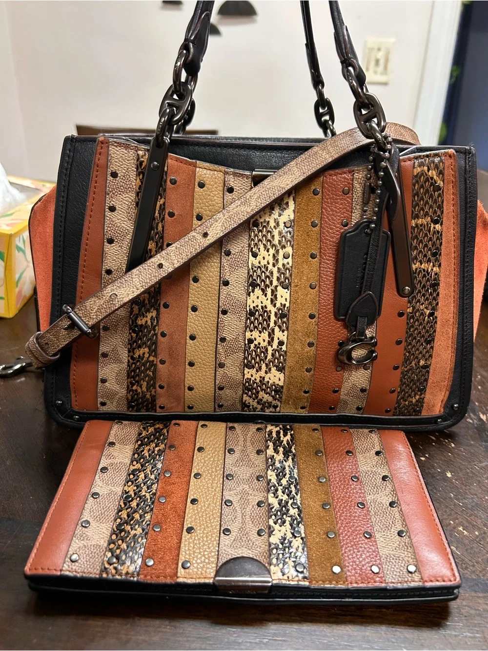 Coach Dreamer Signature Canvas Patchwork strips/Snakeskin W/Wallet